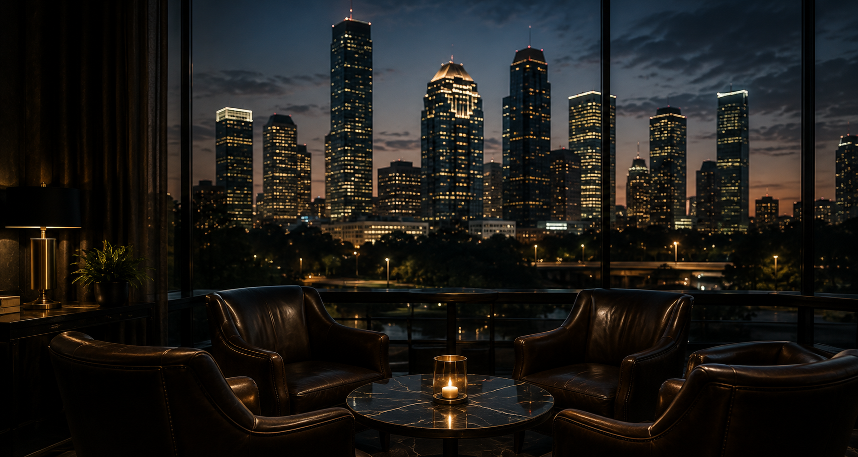 Houston skyline viewed from an elegant private lounge